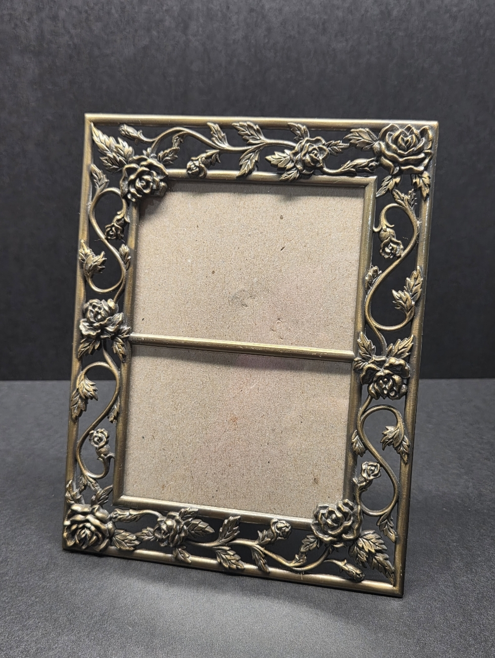 Brass Tone Metal Standing Double Dual Picture Frame Ornate Rose Floral